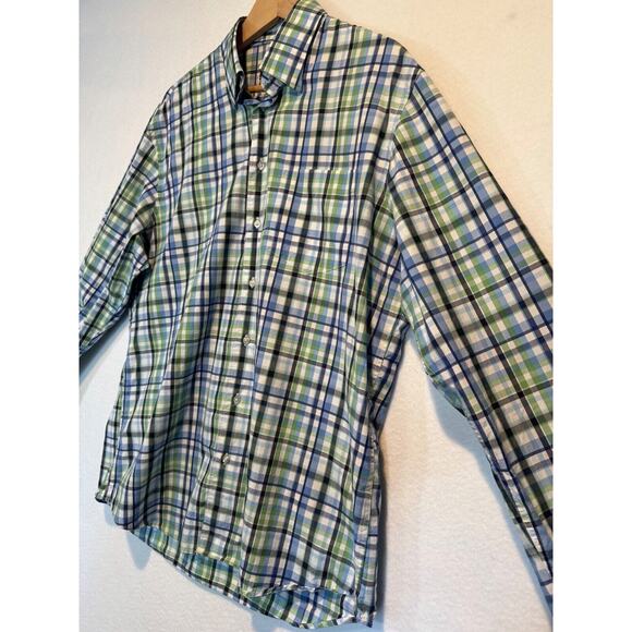 Neiman Marcus Mens Large Plaid Trim Fit Button Up Shirt Blue Green White Plaid - Picture 8 of 12